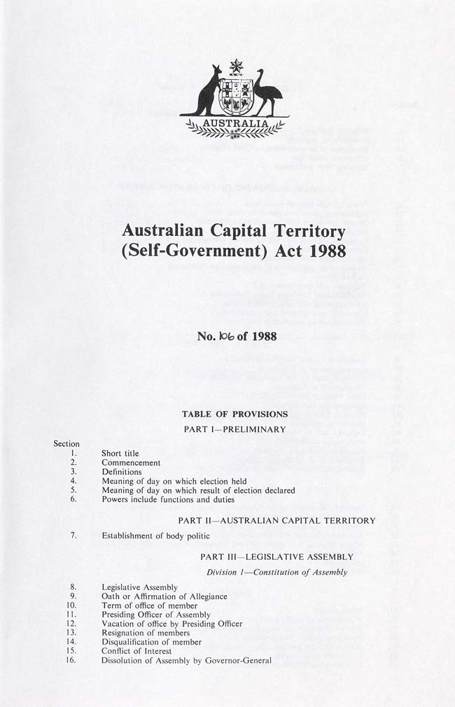 Australian Capital Territory (Self-Government) Act 1988 (Cth), contents