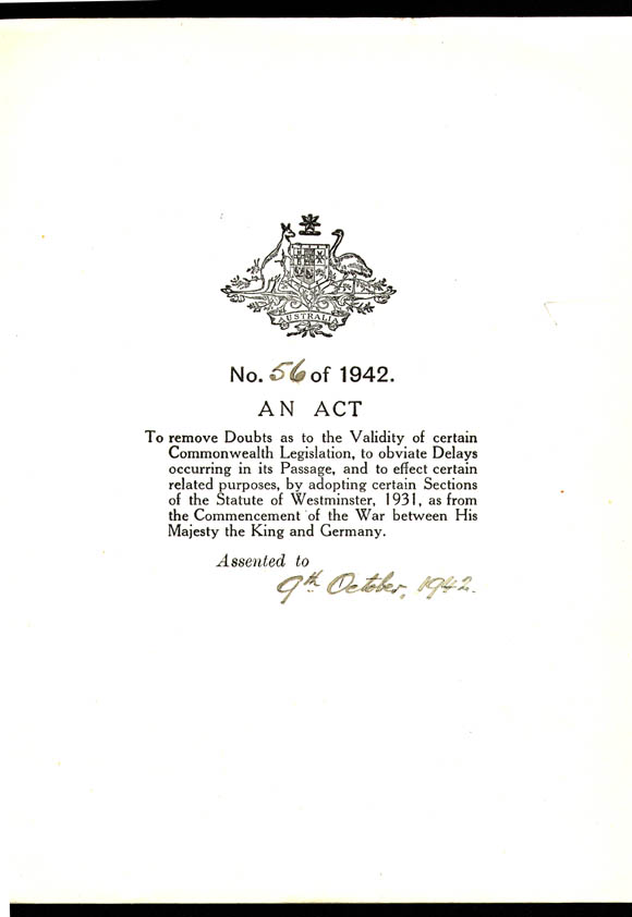 Statute of Westminster Adoption Act 1942 (Cth), cover