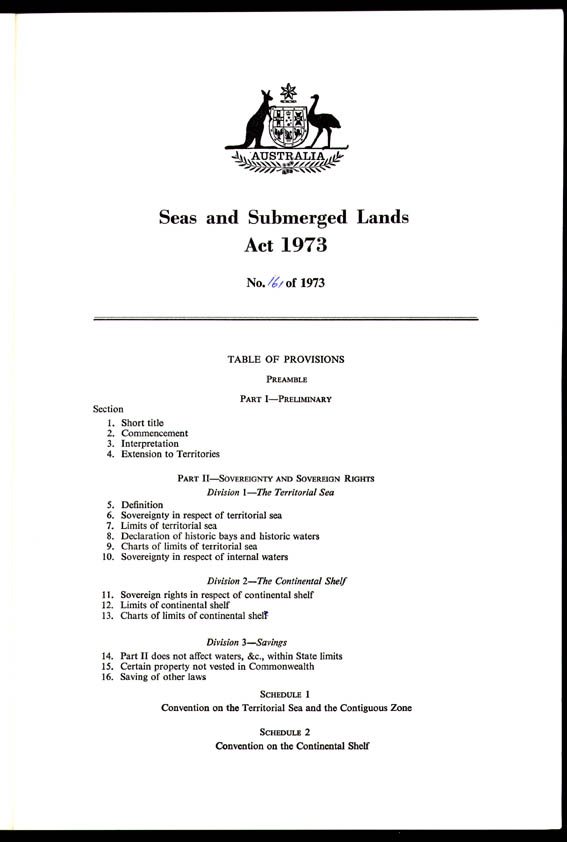 Seas and Submerged Lands Act 1973 (Cth), provisions