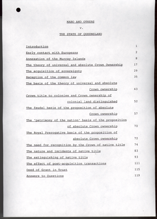 Mabo v Queensland No. 2 1992 (Cth), contents