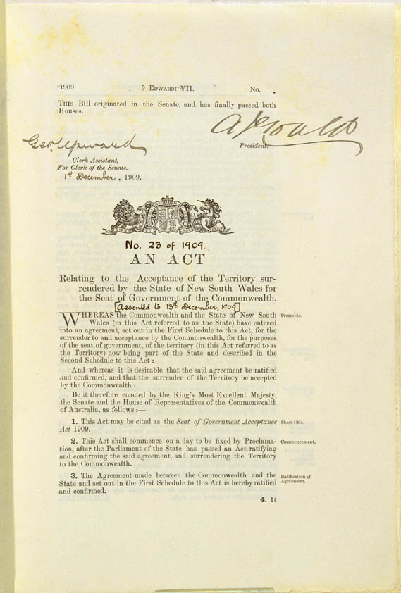 Seat of Government Acceptance Act 1909 (Cth), p1