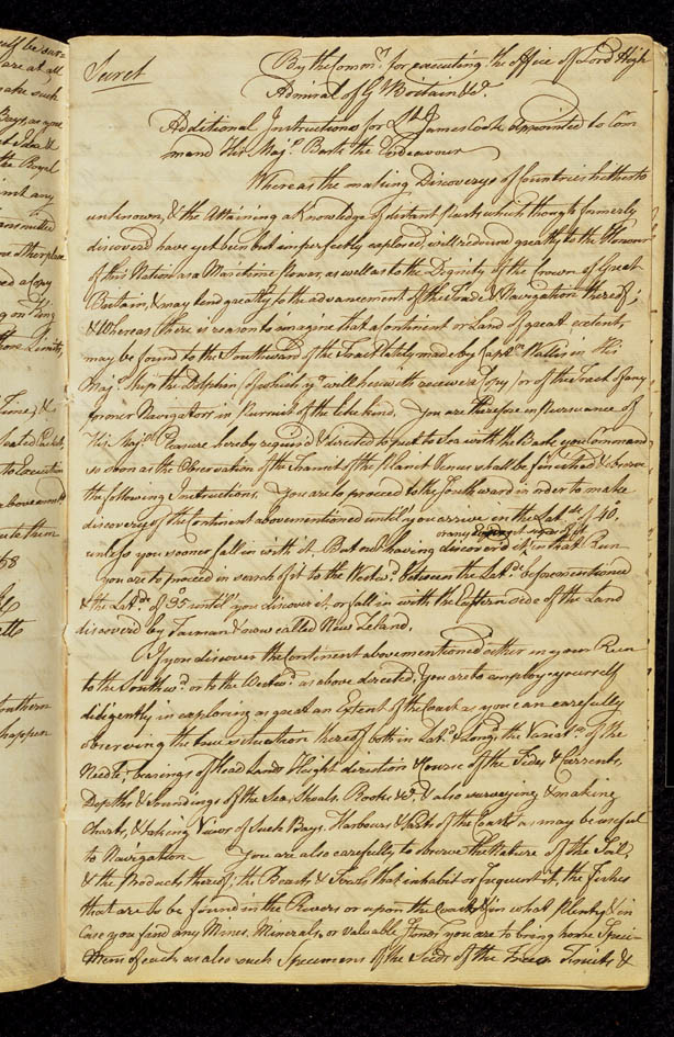 Secret Instructions to Lieutenant Cook 30 July 1768 (UK), p1