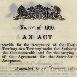 Detail from the cover of the Northern Territory Acceptance Act 1910 (Cth).