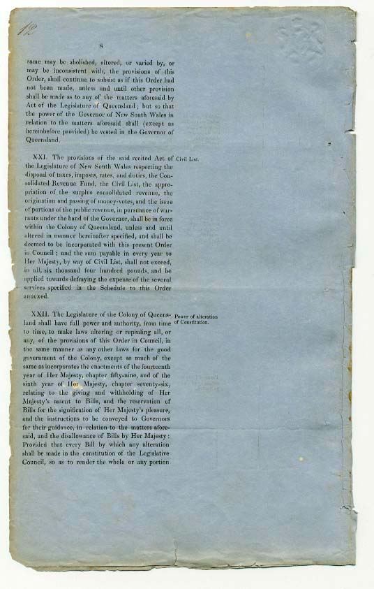 Order-in-Council establishing Representative Government in Queensland 6 June 1859 (UK), p12