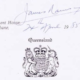 Detail showing the Queensland crest and signature of the Governor assenting to the Aborigines and Torres Strait Islanders (Land Holding) Act 1985 (Qld).
