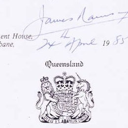 Detail showing the Queensland crest and signature of the Governor assenting to the Aborigines and Torres Strait Islanders (Land Holding) Act 1985 (Qld).
