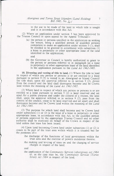 Aborigines and Torres Strait Islanders (Land Holding) Act 1985 (Qld), p7