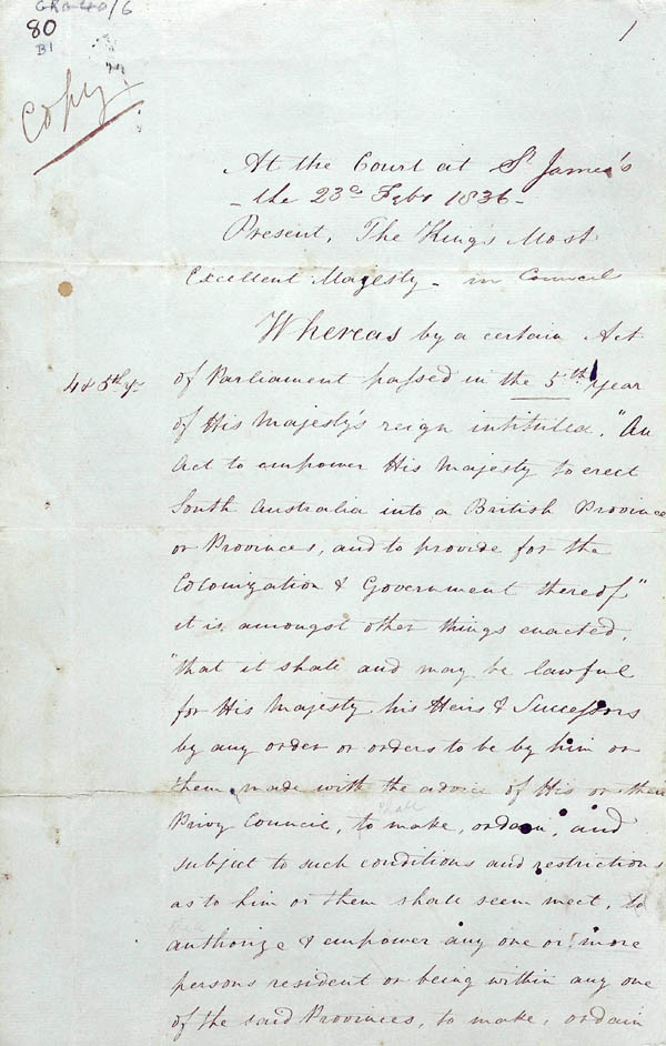 Order-in-Council Establishing Government 23 February 1836 (UK), p1