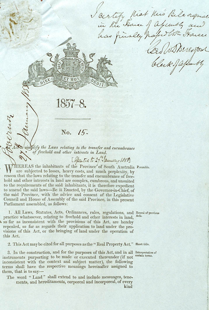 Real Property or 'Torrens Title' Act 1858 (SA), cover