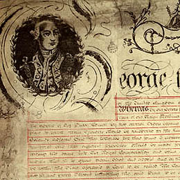 Detail showing the decorative border on the first page of the Charter of Justice 2 April 1814 (UK).