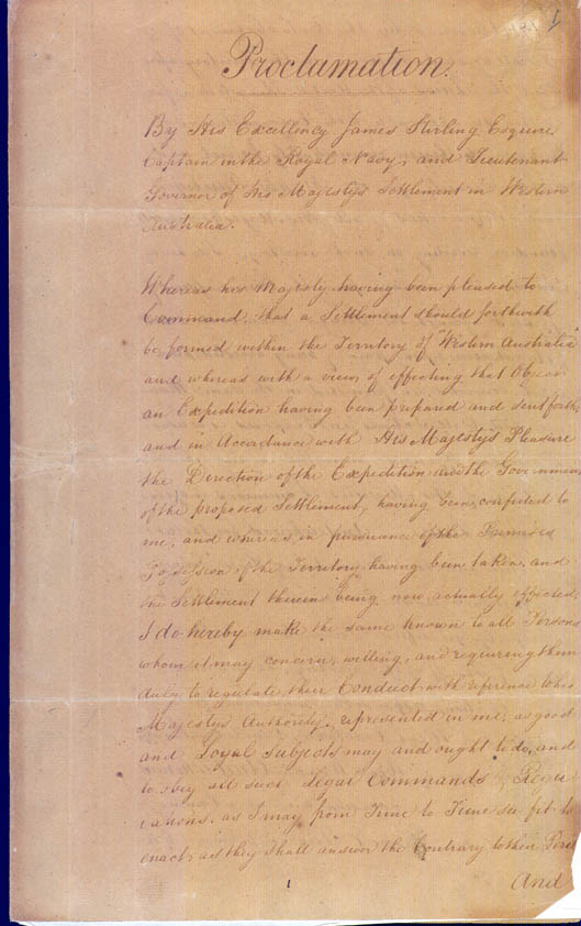 Lieutenant-Governor Stirling's Proclamation of the Colony 18 June 1829 (UK), p1