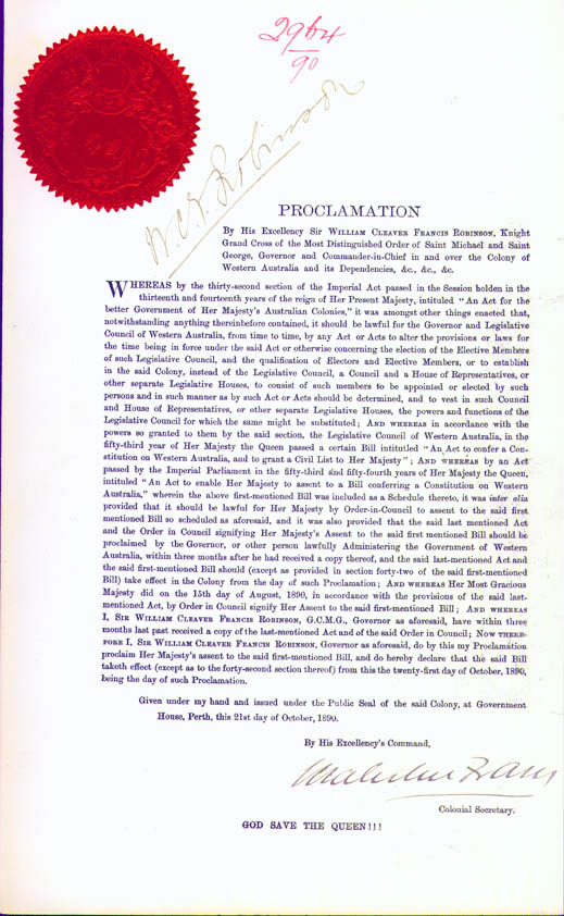 Proclamation of the Constitution Act, 21 October 1890